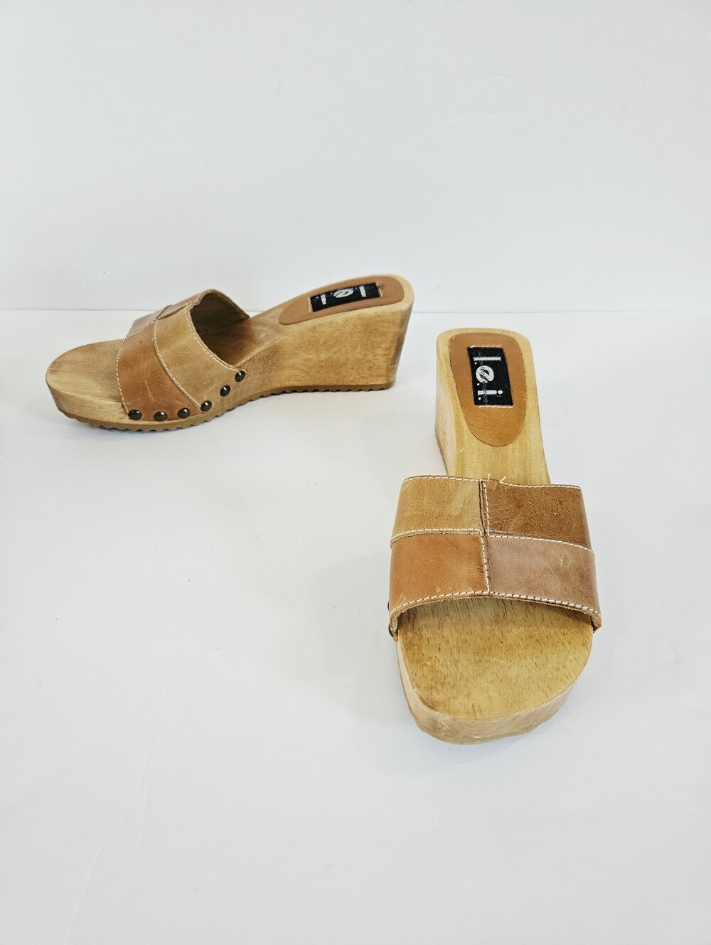 Vintage l.e.i. Wooden Diedra Platform Patchwork Leather Slip On Mule Sandals 8.5 - Picture 3 of 16
